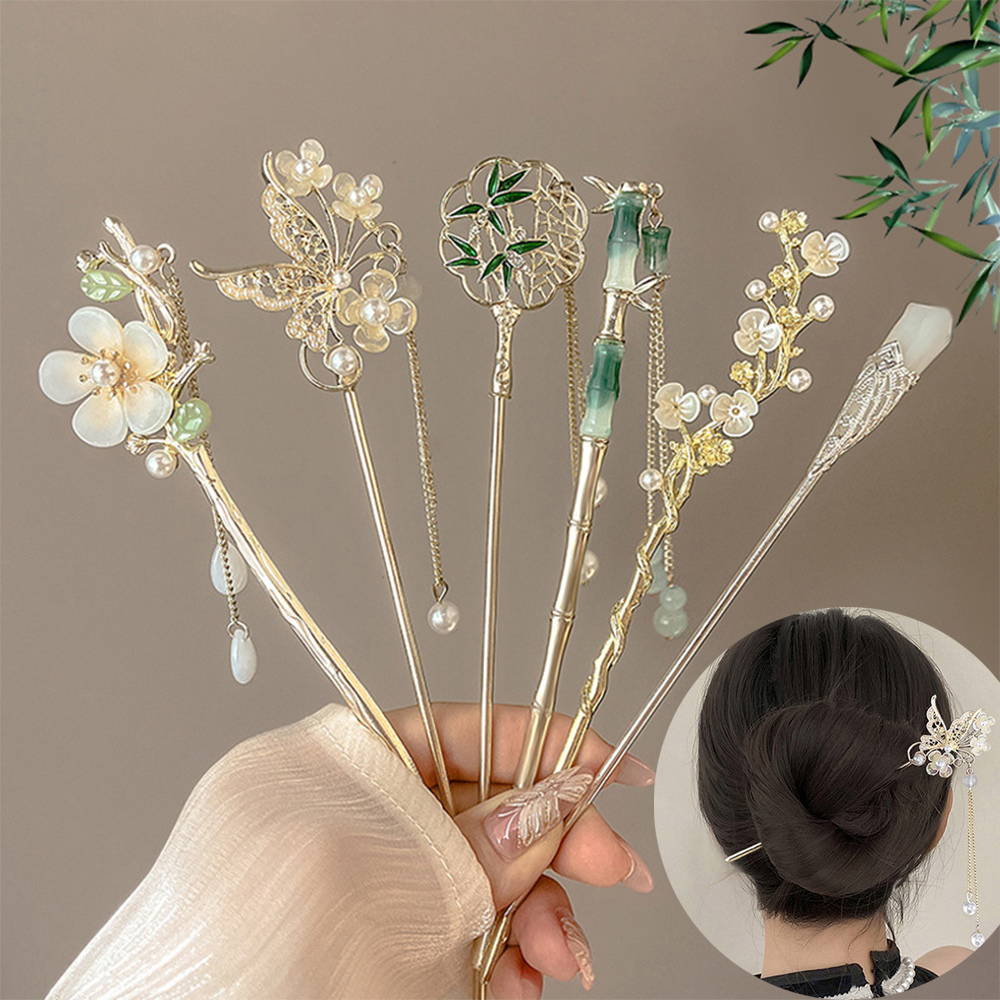 1/6pcs Elegant Chinese Style Tassel Hair Stick Traditional Floral Design Hairstyle Accessory Women Jewelry Hair pin Hairneedle