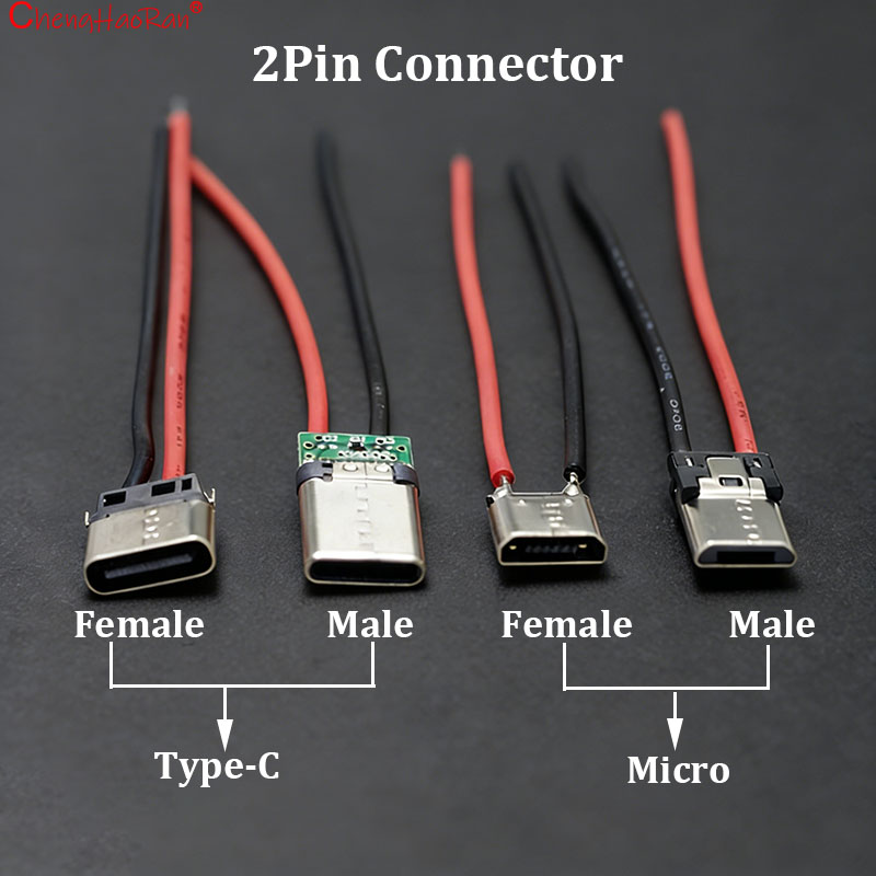 ChengHaoRan 2/5/10/20PCS 2Pin Micro Type C Male Female Jack Welding Wire Male Connector Straight For Mobile Phone Charging Port