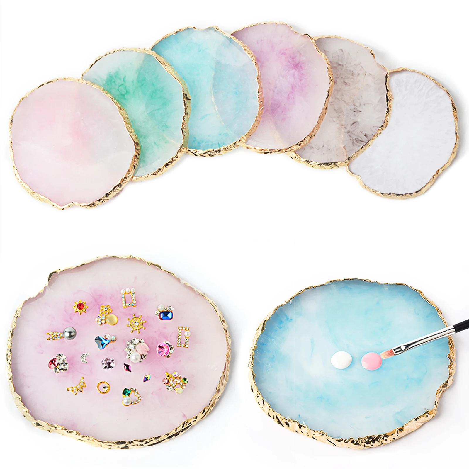 6 Round Resin Onyx Stone Nail Palette Gel Polish Tray Nail Art Display Stand for Mixed Painting Pigment