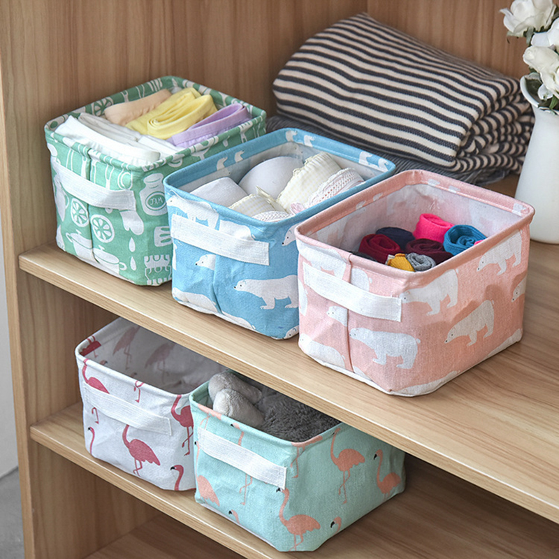 Cute Cotton Small Foldable Organizer Basket for Closet Organizing, Multipurpose Storage Box Hamper for Clothings, Socks, Underpants, Kids Toy