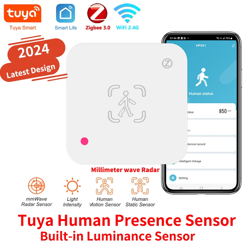 Tuya WiFi or Zigbee Human Presence Sensor MmWave Radar Detector With Luminance Sensor For Smart Home replace PIR Sensor