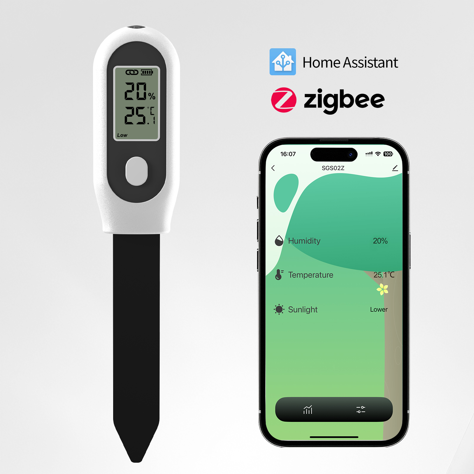 Tuya Zigbee Soil Moisture Sensor 3 in 1 Humidity Temperature Sunlight Meter Screen/APP Control for Plants Pots Garden
