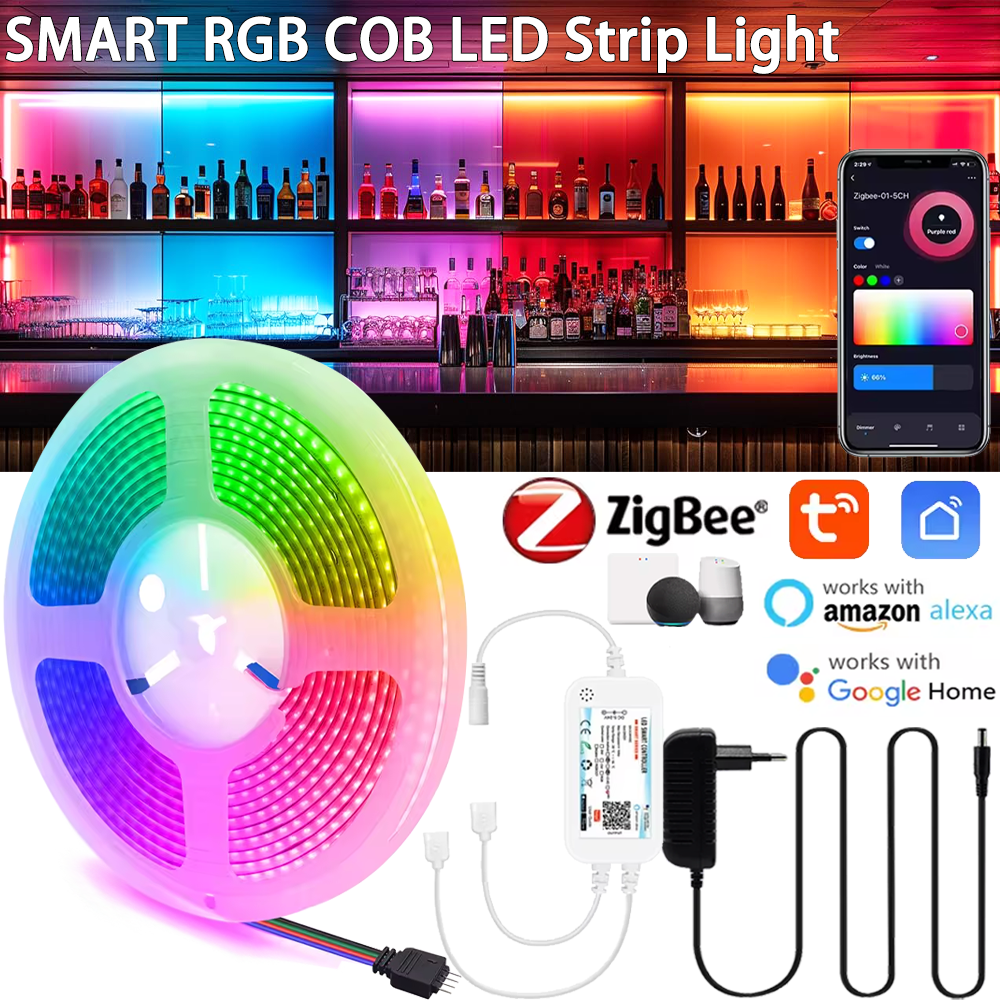 5M 10M 24V Zigbee3.0 RGB COB LED Strip Light Tape 840leds/m Flexible LED String Light Home Decor Tuya Zigbee APP fr Alexa