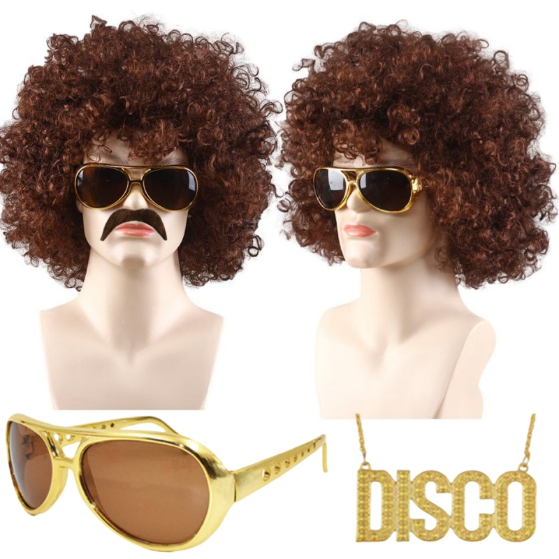 Men Hippie Costume Set 4pcs/set Funky Afro Wig Sunglasses False Beard Letter Sign and Necklace for 50/60/70s/80s Theme Party