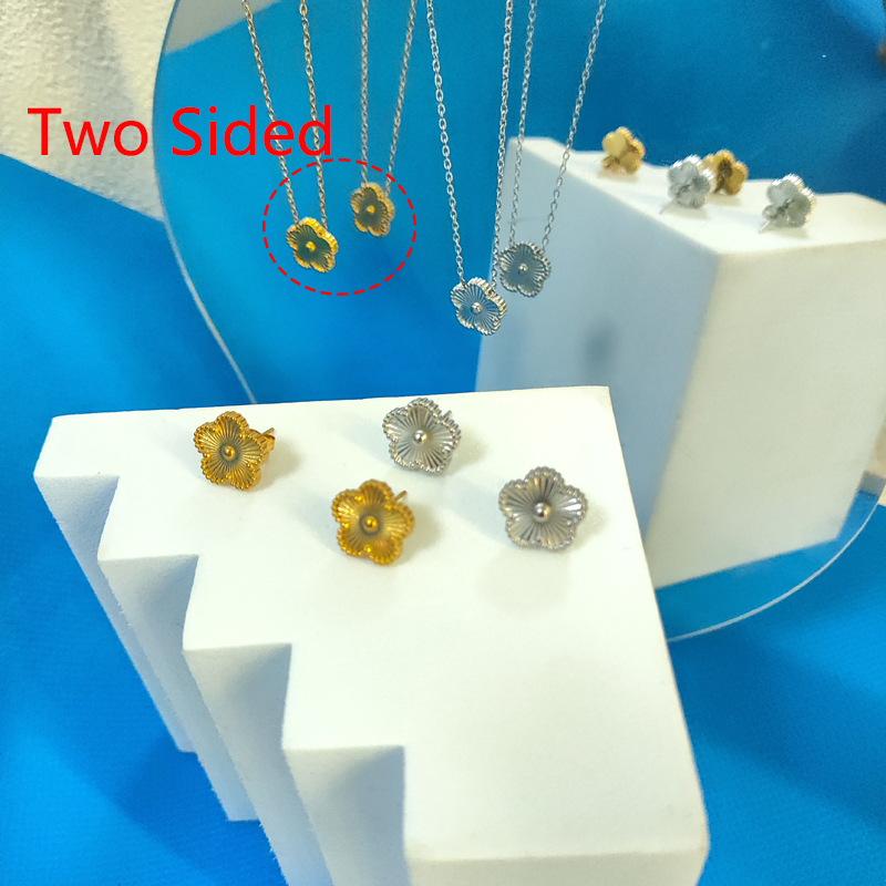 Plated Gold Color Stainless Steel Necklace Earring Set Lucky Five Leaf Flower Girl Jewelry Party Wedding Woman Accessories
