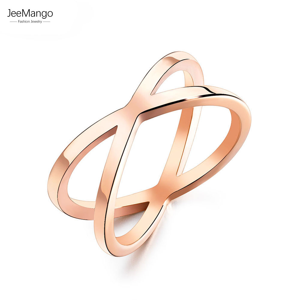 JeeMango Titanium Stainless Steel X-shape Geometric Ring Trendy OL Style Rose Gold Color Anniversary Rings For Women JR19167