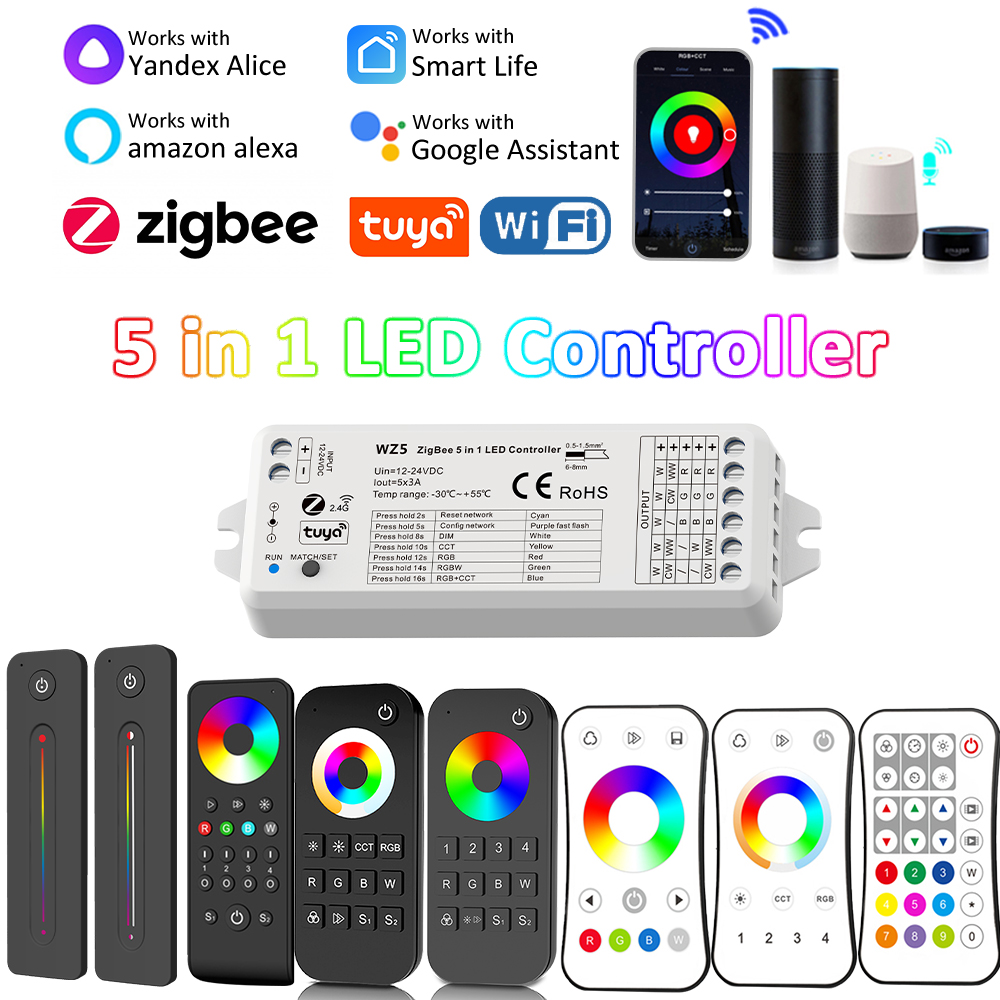 Tuya Zigbee LED Controller 5in1 RGB CCT RGBW RGBCCT DC 12V 24V 15A LED Strip Light RF 2.4G Wifi Smart Life Voice Alexa Home WZ5