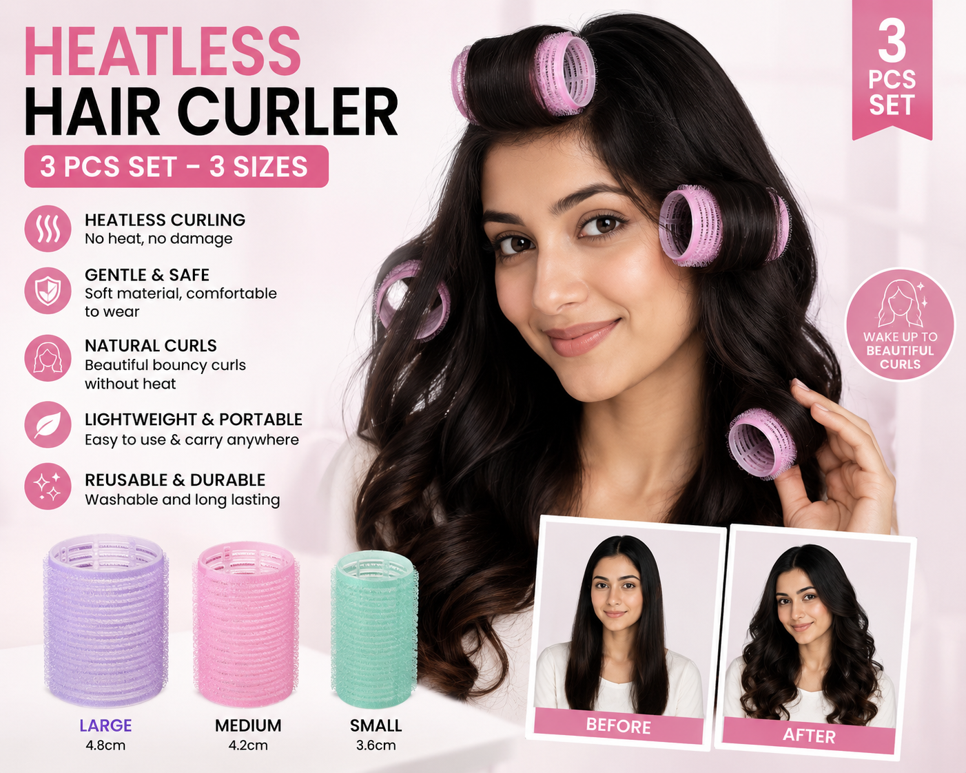 3 Pcs Heatless Hair Curler Set - 3 Sizes - No Heat Hair Rollers for Natural Curls & Waves