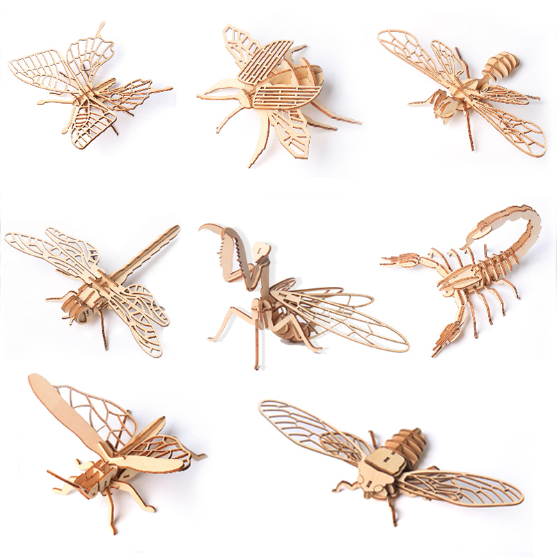 Wooden 3D Puzzle DIY Insects Animal butterfly Bee Puzzles Toys ornament handicraft scorpion 14+