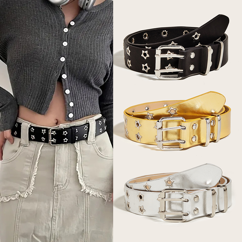 Hip Hop Punk Jeans Belts For Women Retro Personality White Wide Edge Star Rivet Casual Versatile Women's Belt Men Y2K Unisex