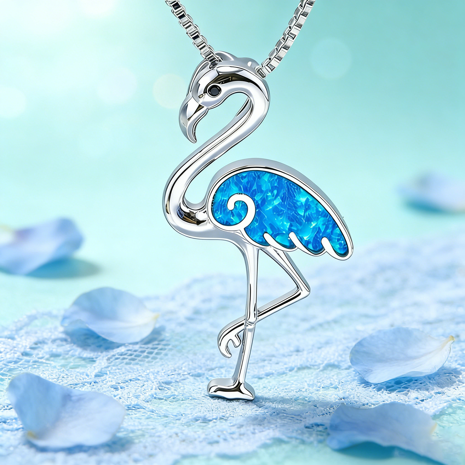 Flamingo Pendant Necklace with Synthetic Blue Lightning Opal,White K Plated Animal Jewelry,Dainty Trendy for Women 2026