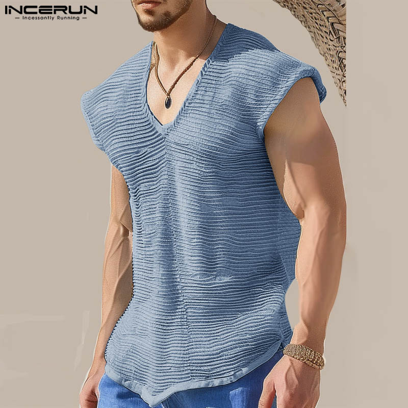 INCERUN Summer Tops Tee Men Sleeveless V Neck Tank Tops Stripe Shirt Chemise Men Clothing Solid Color Streetwear S-5XL 2024