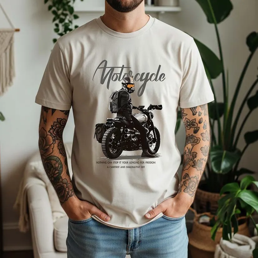 New Summer Men's 100% Pure Cotton T-Shirt Motorcycle Longing For Freedom Vintage Biker Style Casual Breathable Short Sleeve
