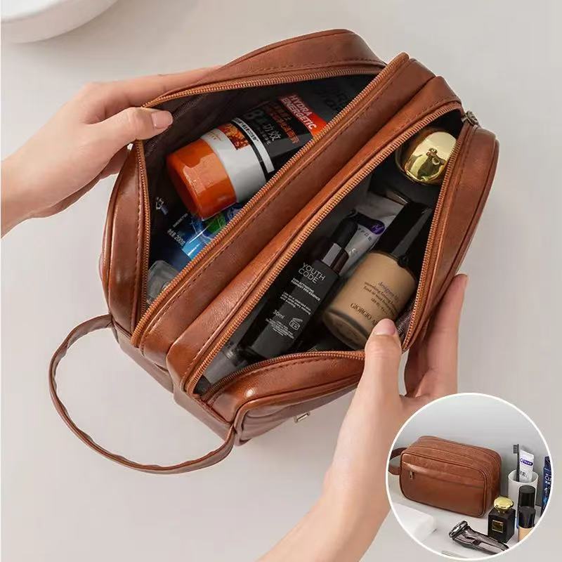 Large Toiletry Bag for Men PU Leather Travel Wash Organizer Shaving Cosmetic Bag Strorage