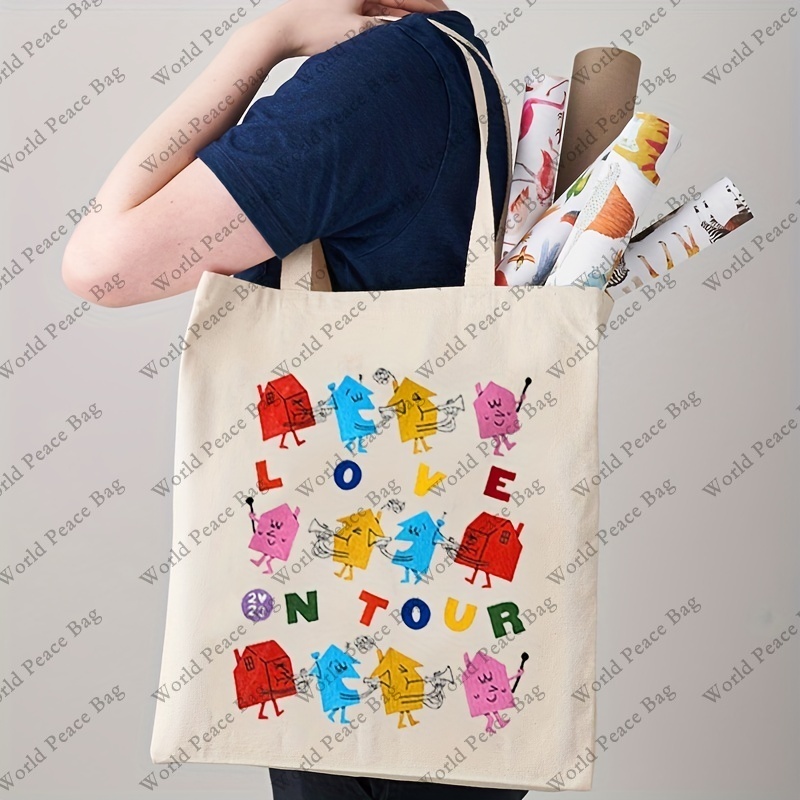 1 Pc Harry Letter Love On Tour Pattern Tote Bag, Cute Cartton House Pattern Bag Women's Outdoor Shpping Bag For Daily Use