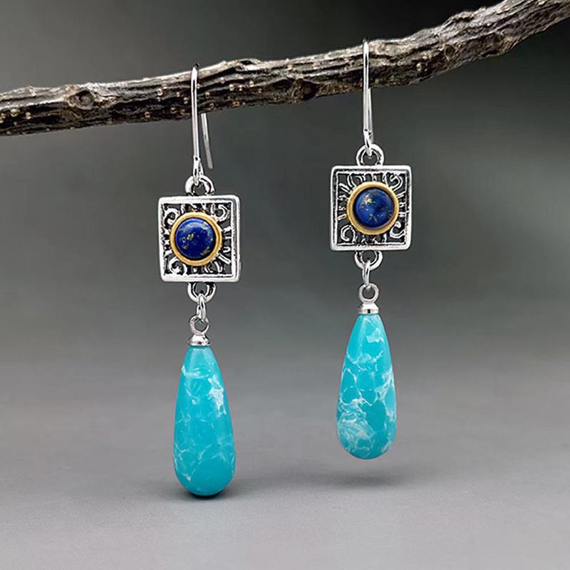 Retro Fashion Ethnic Style two-color Synthetic Stone Earrings With Elegant And high-end Feel Long Water Droplet Pendant Jewelry