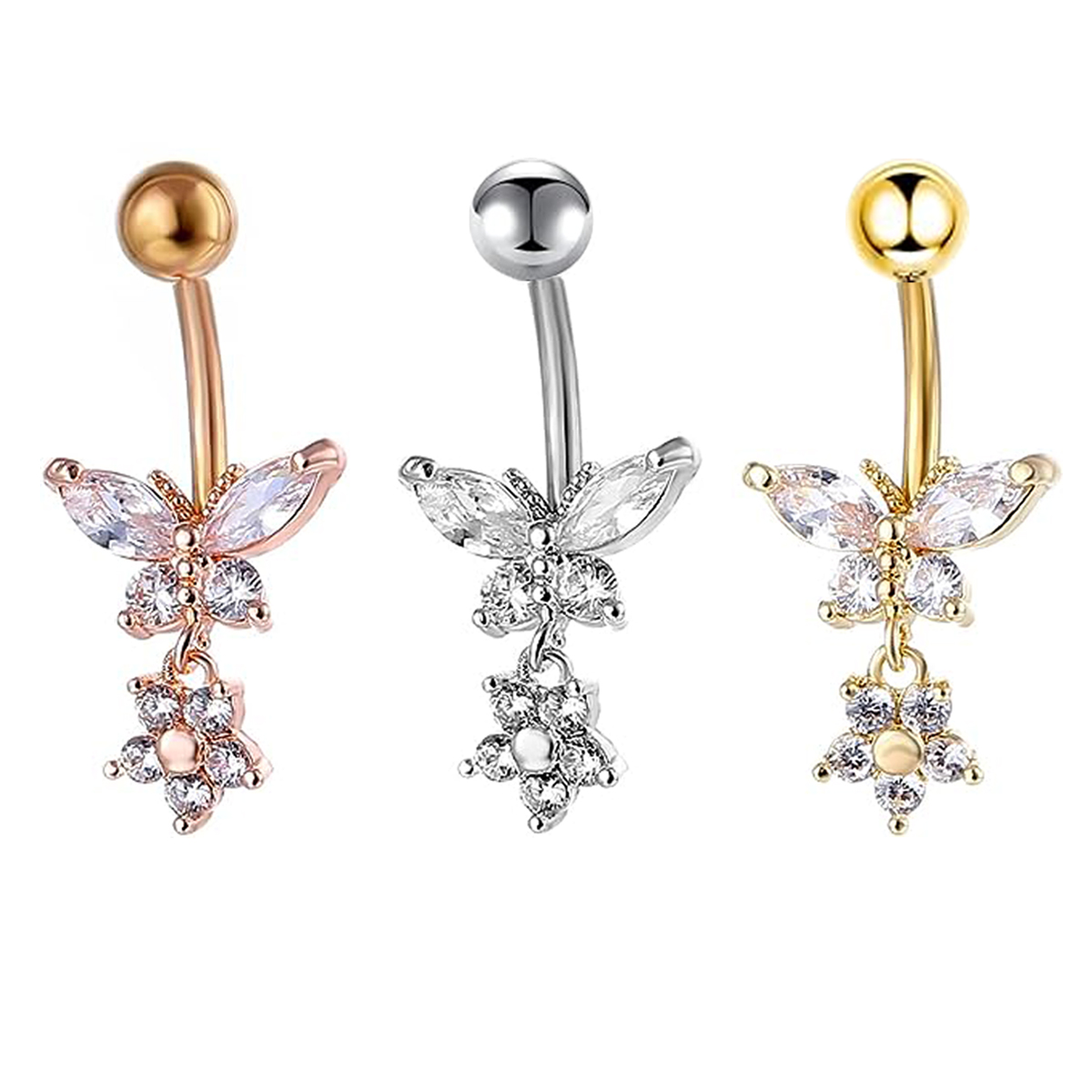 18K Gold Plated Shiny Butterfly Flower Zircon Pendant Stainless Steel Navel Belly Button Ring Fashion Body Piercing Jewelry