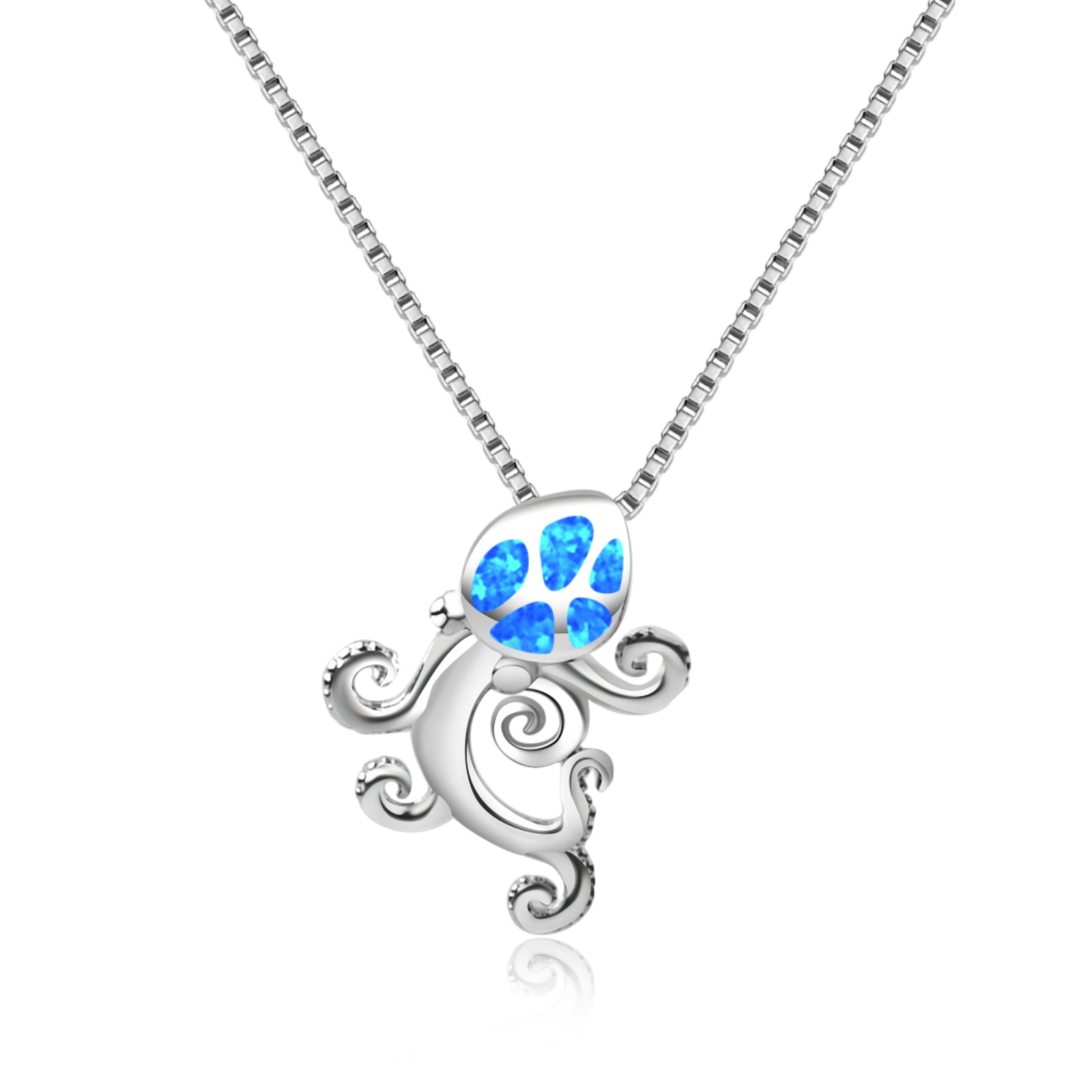 Viral Octopus Jewelry,Sparkling Sapphire Blue & White Opal Animal Pendant,Silver Minimalist Necklace,Unique Birthday Gift for