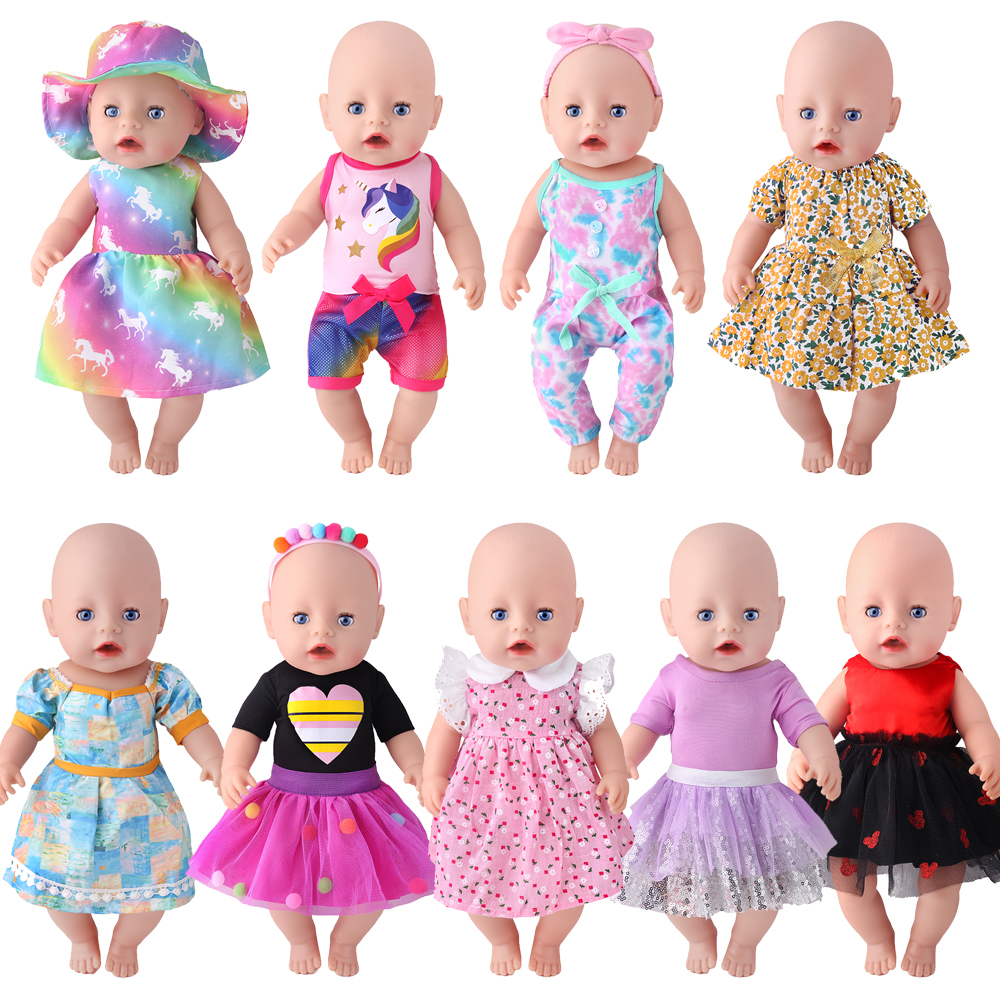 Print Dress + Hat American Ours & Generation 18 Inch Girl Doll Skirt Kids Toys 43 cm Baby Dolls Clothes Accessories Dress