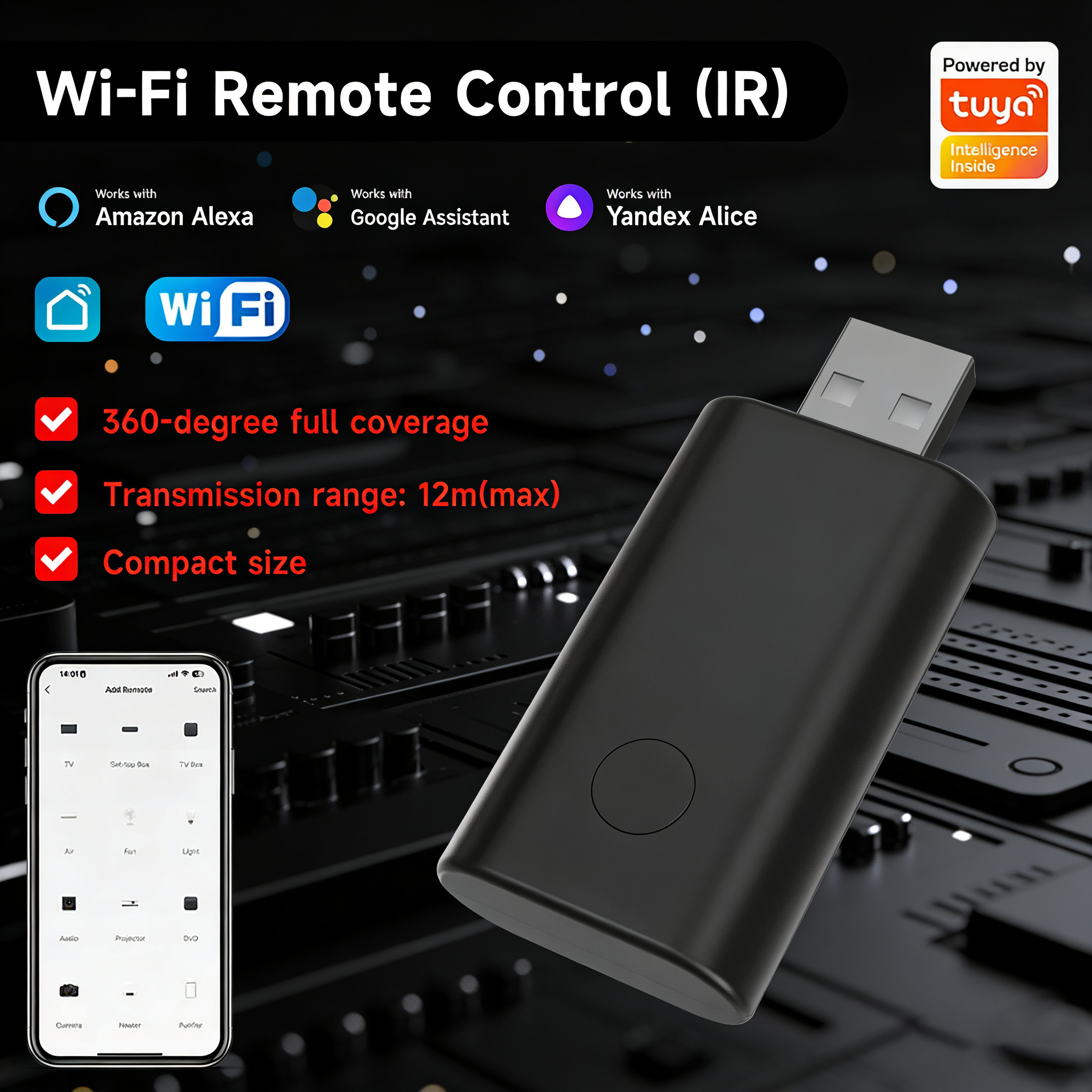 WiFi IR Remote Controller 12m Max Transmission Range 360° Full Coverage Tuya IR USB Infrared Transmitter for TV AC Fan Light
