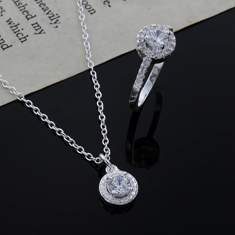 New Charms 925 Sterling Silver Lucky Shiny Crystal Necklaces Rings For Women Fashion Affordable Jewelry Sets Wedding Party s