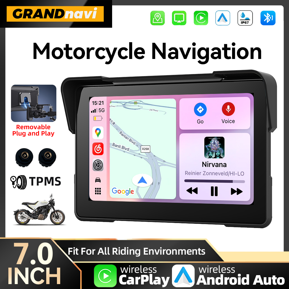 7 inch Portable Carplay Motorcycle GPS Navigation IP67 Waterproof Display Removable Bracket For Wireless CarPlay Android Auto