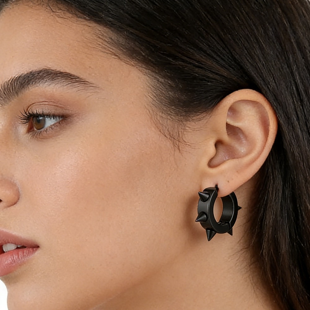 1 pair Stainless Steel Hop Rivet Cone Spike Round Circle Non‑Pierced Huggie Hoop Earrings Ear Clips for Women Men