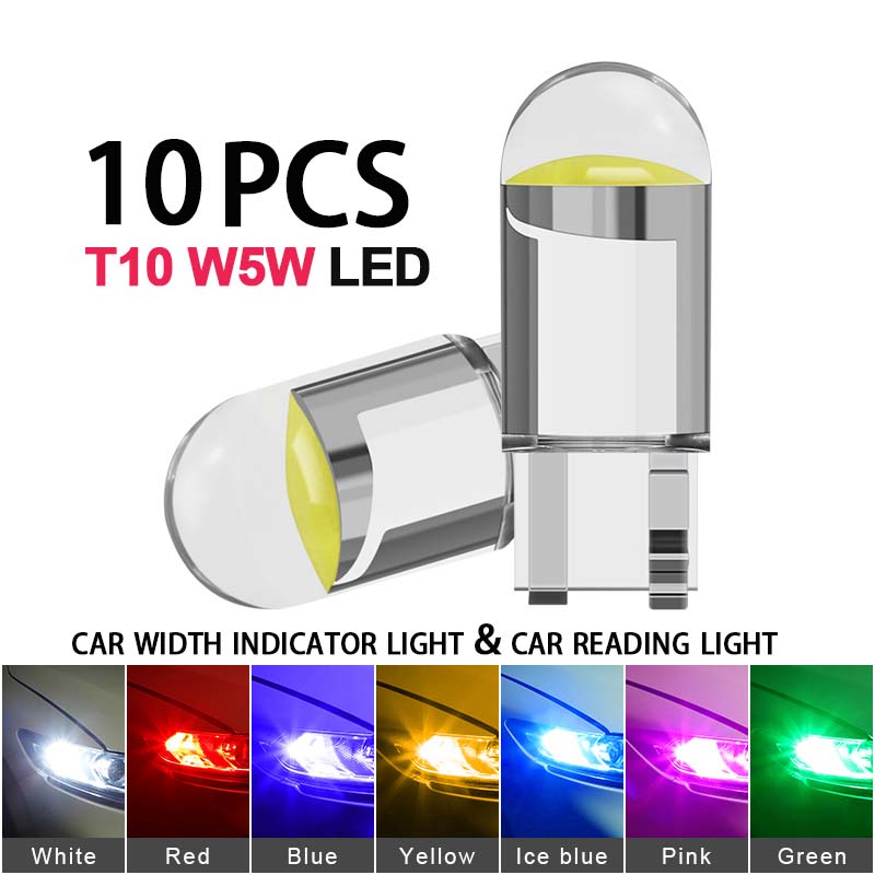 YiRui New LED 10X T10 Clearance Lamp W5W COB 6000K White Blue Red Interior Trimled Bulbs 12v