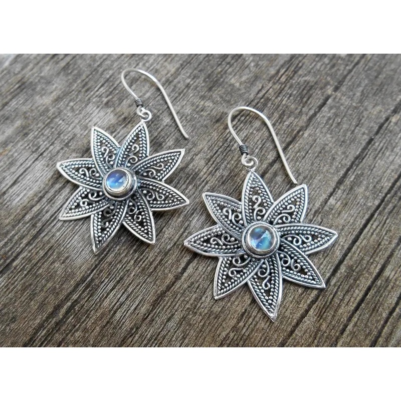 Bohemian Moonstone Earrings Female Personality Retro Carving Flower Pattern Pendant Earrings Simple Gift
