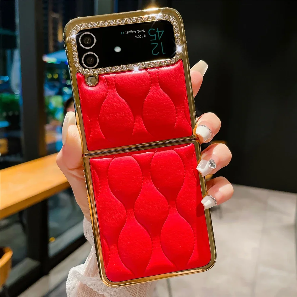 Luxury Plating Gold Glitter Diamond Cover for Z Flip 3 Flip 5 Plaid Stripe Soft Leather Case for Z Flip 4