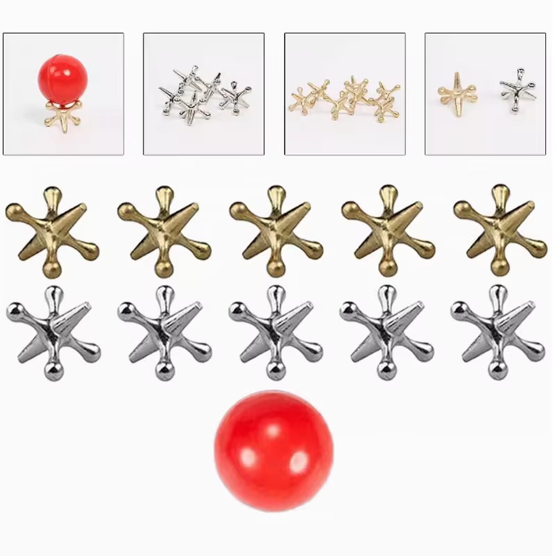 10 Pcs Gold and Silver Metal Jacks 1 Red Jacks Game Toys Kit Play Jacks Board Game Knucklebones Set