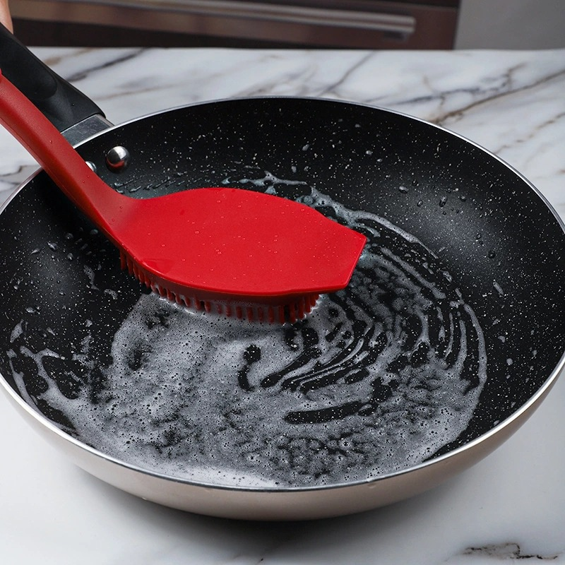 Long Handle Silicone Dishwashing Brush, Hangable Pot & Pan Scrubber Durable Non-Scratch Dish Scrubber, Soft Bristles Non-Stick