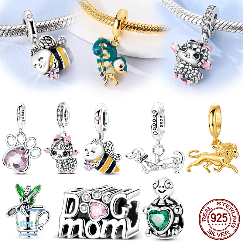 Animals Series Original 925 Sterling Silver Charm Dachshund Chameleon Bee Dangle Fit Bracelet Pendant DIY Jewelry For Women