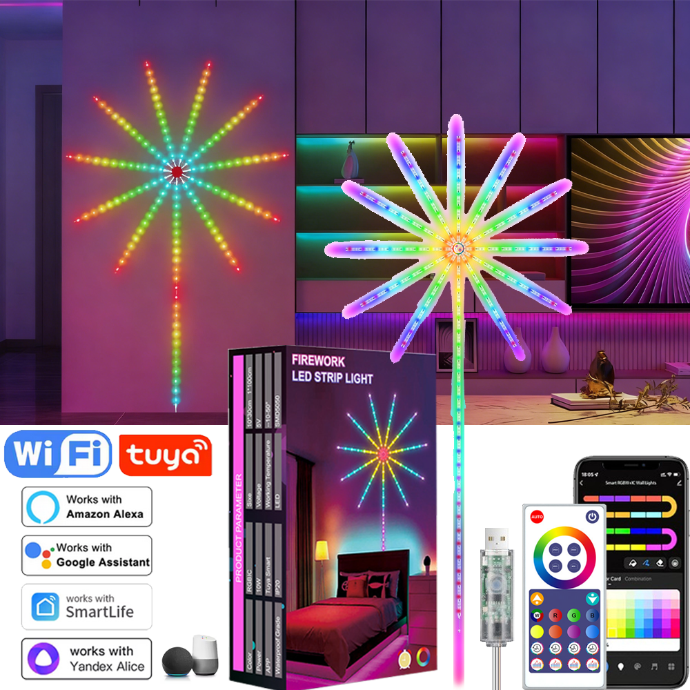 5V USB RGBlC Firework Strip Lights LED Tuya WiFi Remote Control Smart Lamp Sync Music Bedroom Decor Atmosphere Light