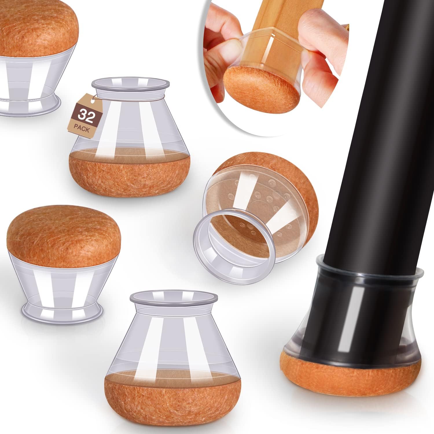 Pack of 4/16/32 Pieces 2024 New Model Hardwood Floor Chair Leg Protectors Felt Furniture Pads Silicone Caps Non-Slip Noise Reduction Transparent Round Medium Size 3/ 4inch ~1-3/ 16inch (19-30mm), Small Size 1/ 2inch ~3/ 4inch (14~19mm), Large Size 1-3/...