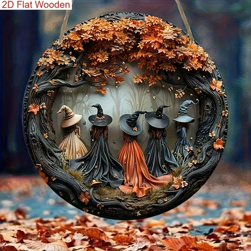 1pc 2D flat round wooden hanging plaque - 5 witches and autumn leaves pattern, Halloween decoration, no power required--sjs
