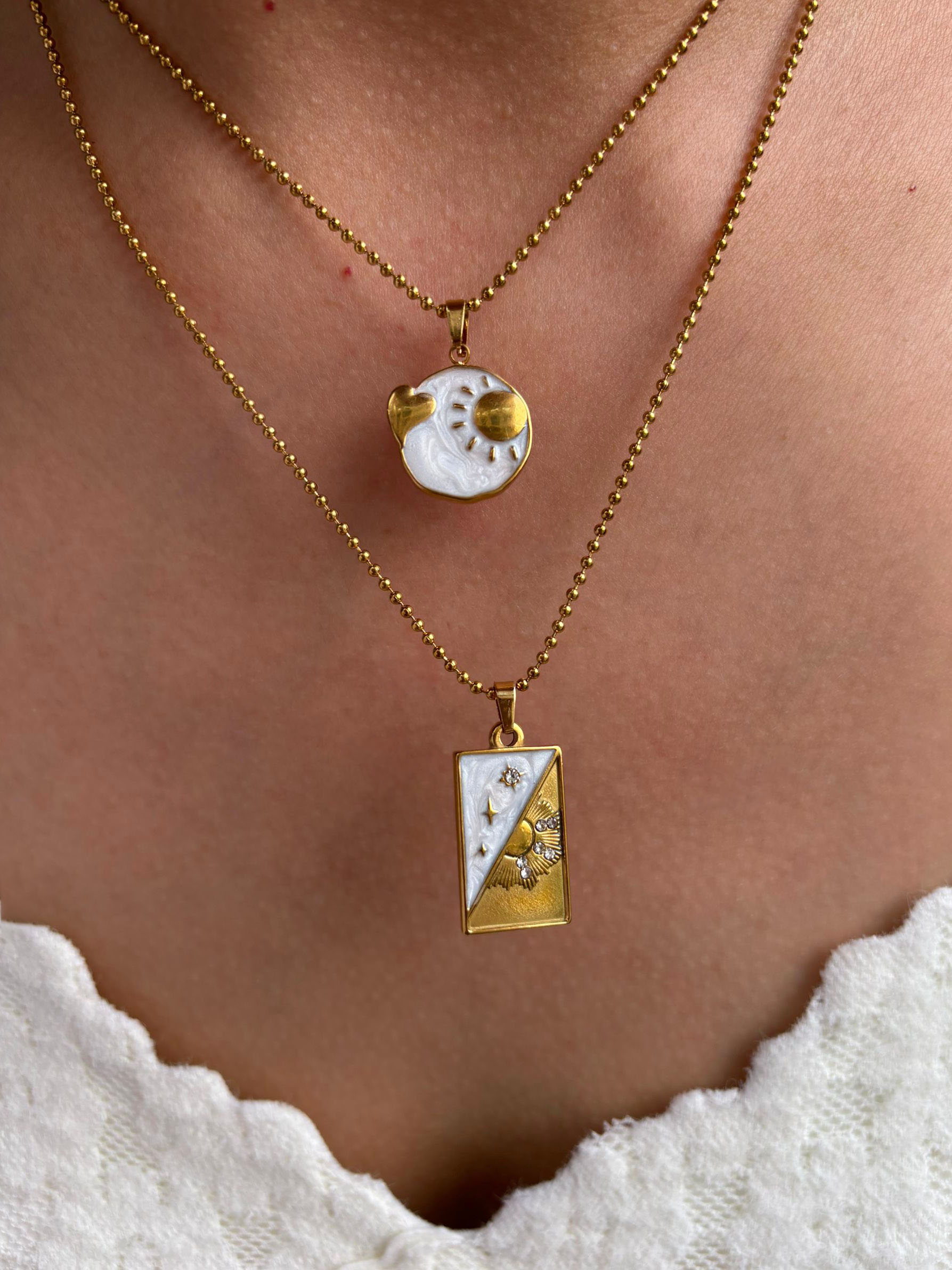 Peri'sbox Tarnish Free Black White Enamel Rhinestone Heart Sun Geometric Pendant Necklace Trendy Stainless Steel Women's Jewelry