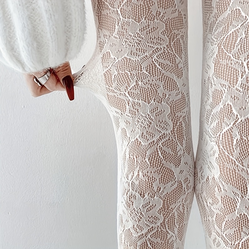 1pc New Vintage Stockings, Floral Jacquard White Pantyhose, Hollow Lace Mesh Stockings, Spring Summer Tights