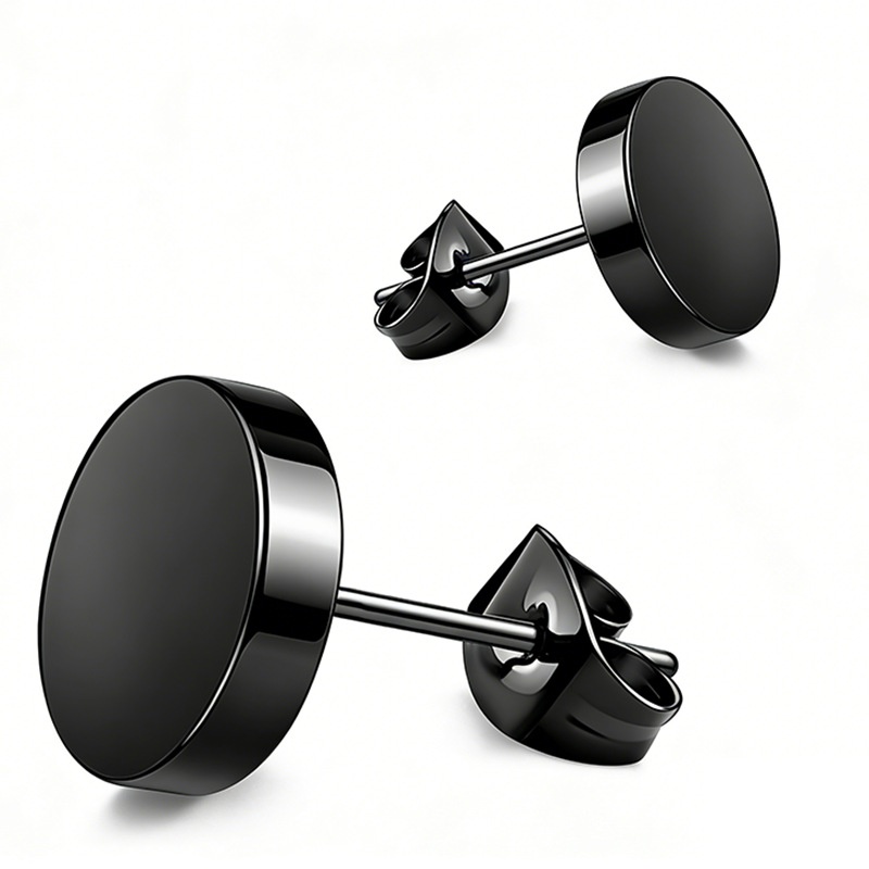 1 Pair Black Titanium Steel Post Earring Studs For Men Women Stainless Steel Round Punk Rock Korean Fashion Daily Wear