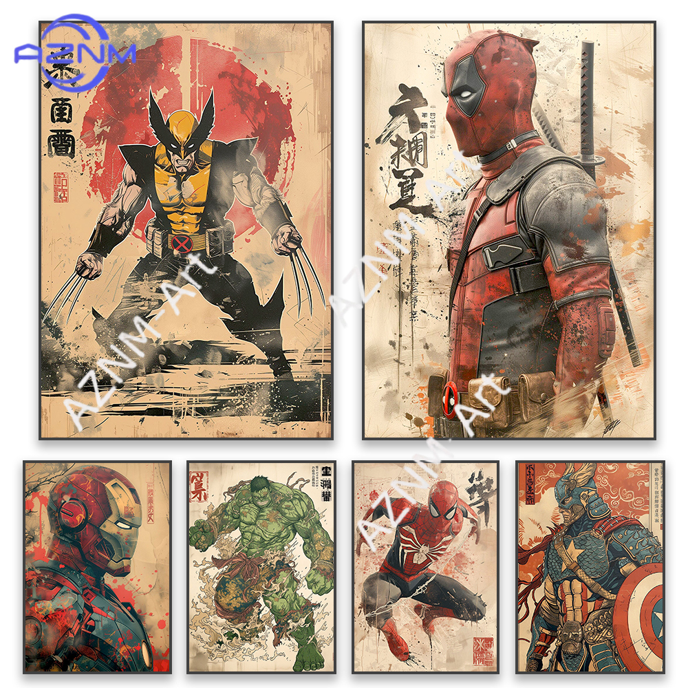 Deadpool Wolverine Art Poster Superhero Hulk Classical Japanese Style Prints Iron Man Spider Man Canvas Painting Decor