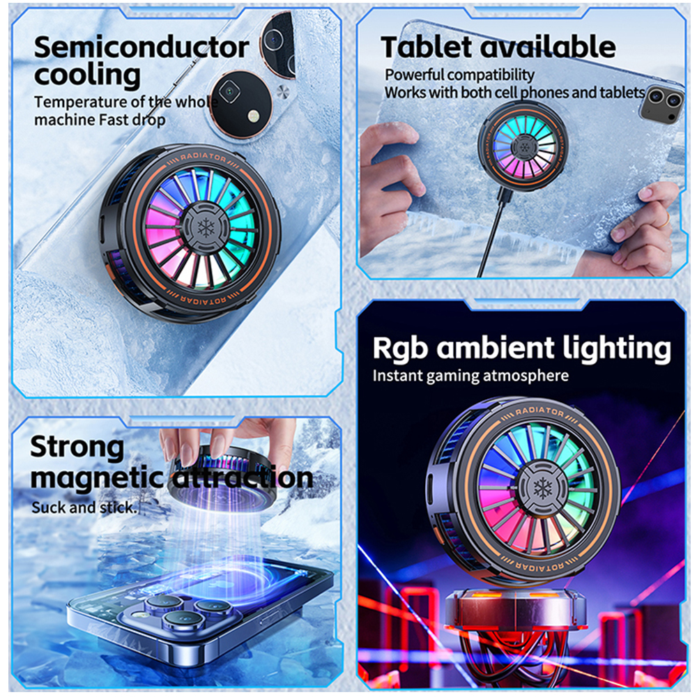 Smartphone Gaming Cooler Fan With Magnetic Semiconductor radiator RGB Lighting Type C for iPad iPhone For Gaming/Live/Streaming lightify