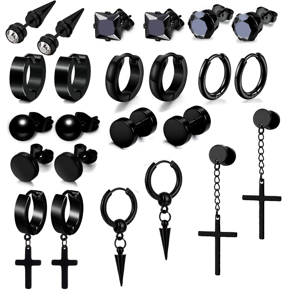 12/1 Pair Stainless Steel Cross Dangle Hoop Earrings Kit Fashion CZ Stud Piercing Jewelry Set for Men and Women Black Silver