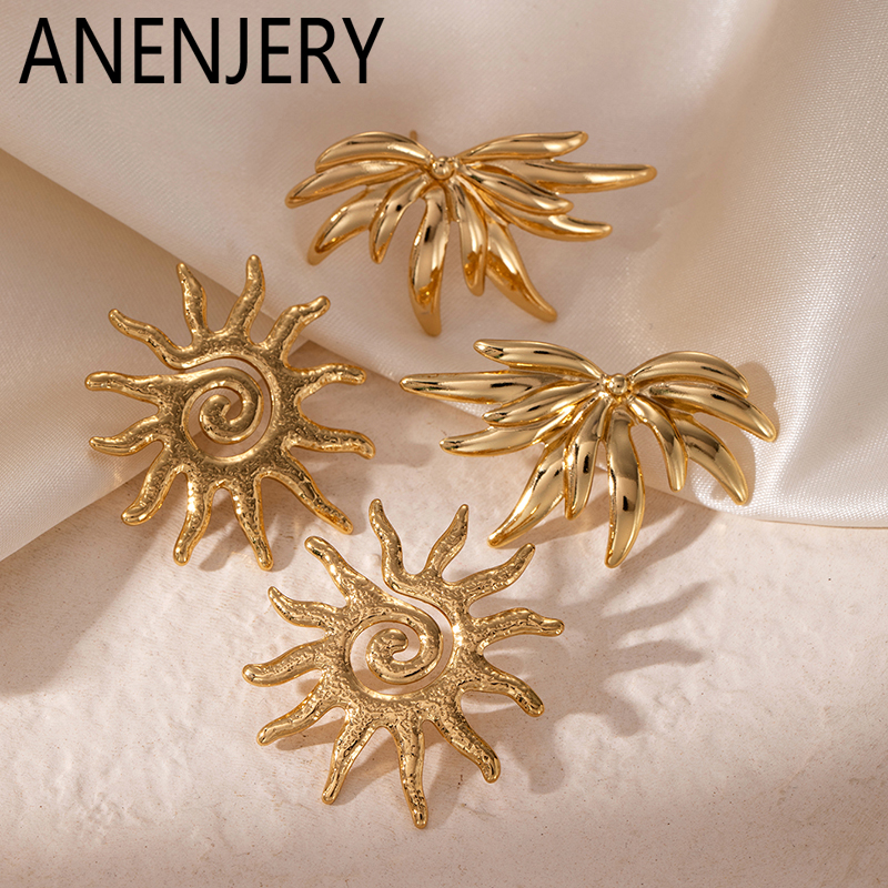 ANENJERY 316L Stainless Steel Sun Irregular Leaf Stud Earrings For Women Personality Niche Design Fashion Jewelry Wholesale