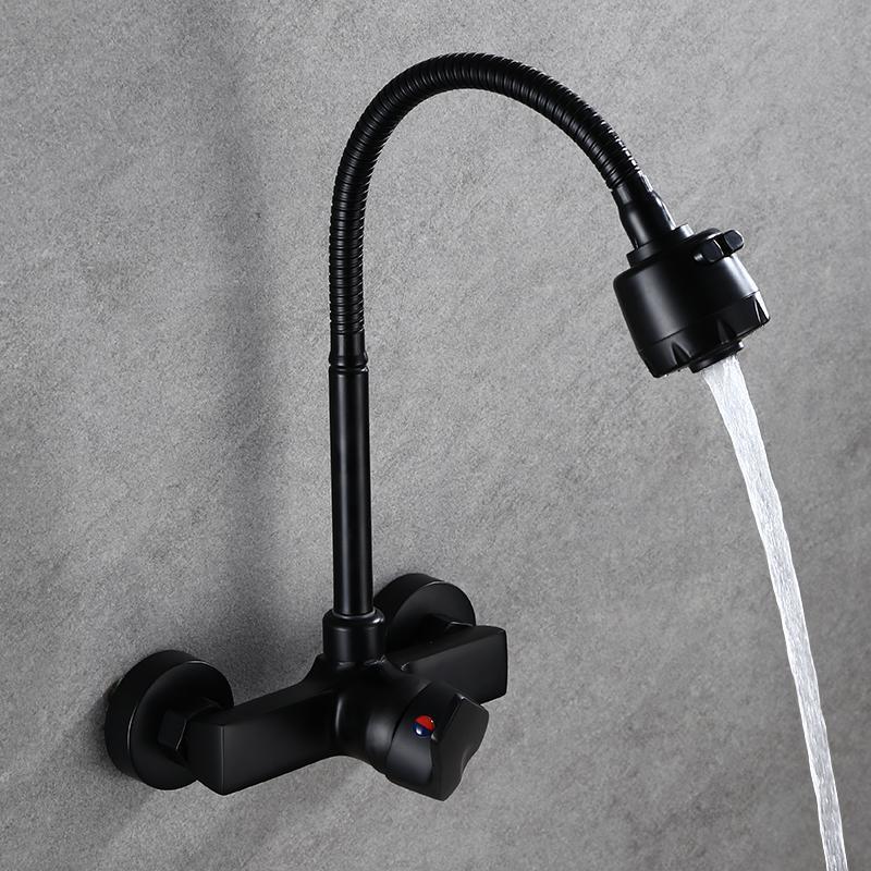 Wall Mounted Double Hole Kitchen Lead Free Hot and Cold Water Mixing Faucet Water Flow Spray Aerator 360 Degree Rotating Hose