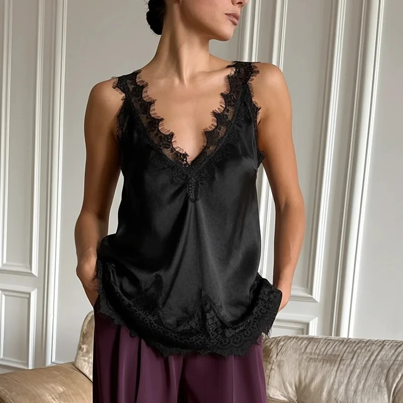 Lace Suspenders Vest Women's Fashionable Solid Deep V-Neck Sleeveless Loose Top Female 2026 Summer New Daily Dating Vest