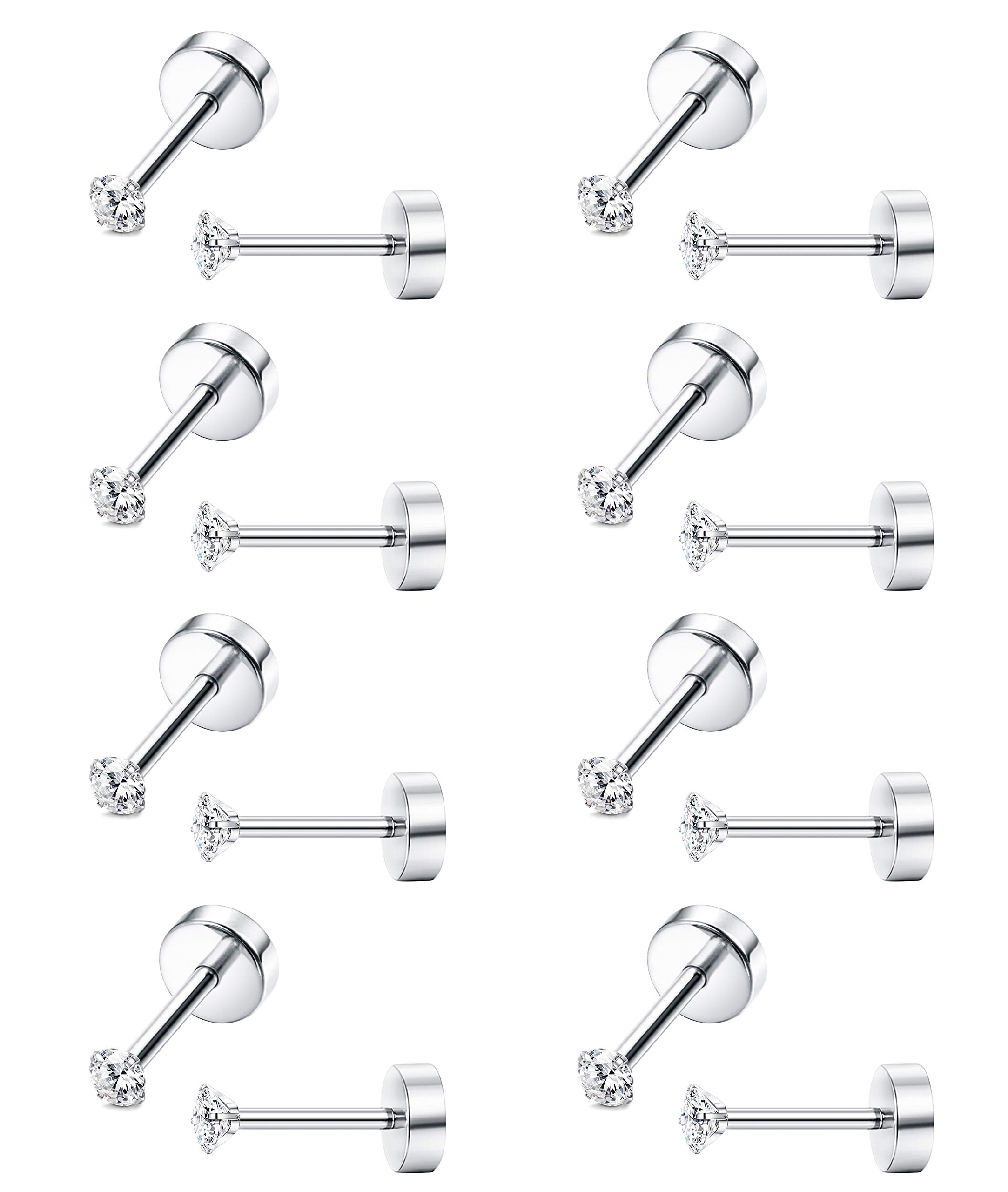 8 Pairs Tiny Cartilage Stud Earrings Stainless Steel Cubic Zirconia Earrings for Women Men 18G Screw Flat Back Earrings Set