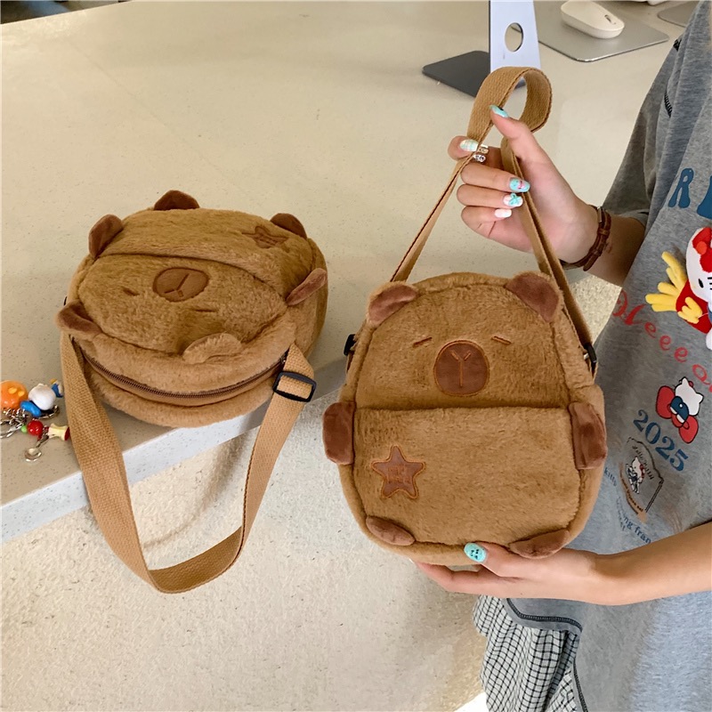 Cute Cartoon Capybara Crossbody Phone Bags for Girls Plush Lightweight Small Shoulder Bag Zipper Chest Bag for Children