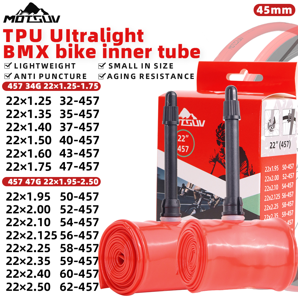 MOTSUV Road Bicycle TPU Lnner Tube 22 inch 22x1.25-1.75/22x1.95-2.50 Road Bike Mini Ultra-Light 34g/47g 45mm Length French Valve
