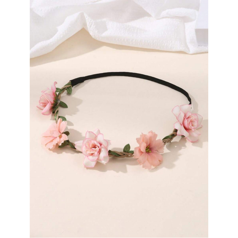 1pc Elegant Pink Rose Flower Headband, Bridal Floral Crown Vine Headpiece For Beach Holiday (Flower Color May Vary)