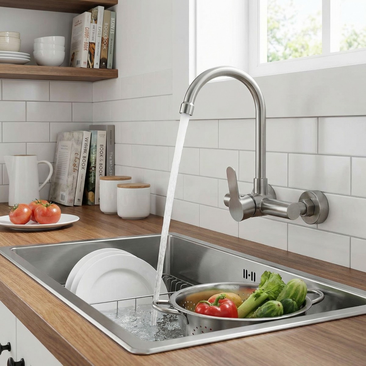 Kitchen Wall Mounted Faucet 201 Stainless Steel Hot Cold Water Mixer Tap 360° Rotating Swivel Spout Single Handle Brushed